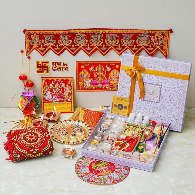 iinfinize Diwali Puja 101 Items Traditional Laxmi Mahalaxmi Home Office Puja Samagri Kit Sampurn Deewali Poojan Set Pooja Vidhi with Poster Premium Diwali Gift Hamper