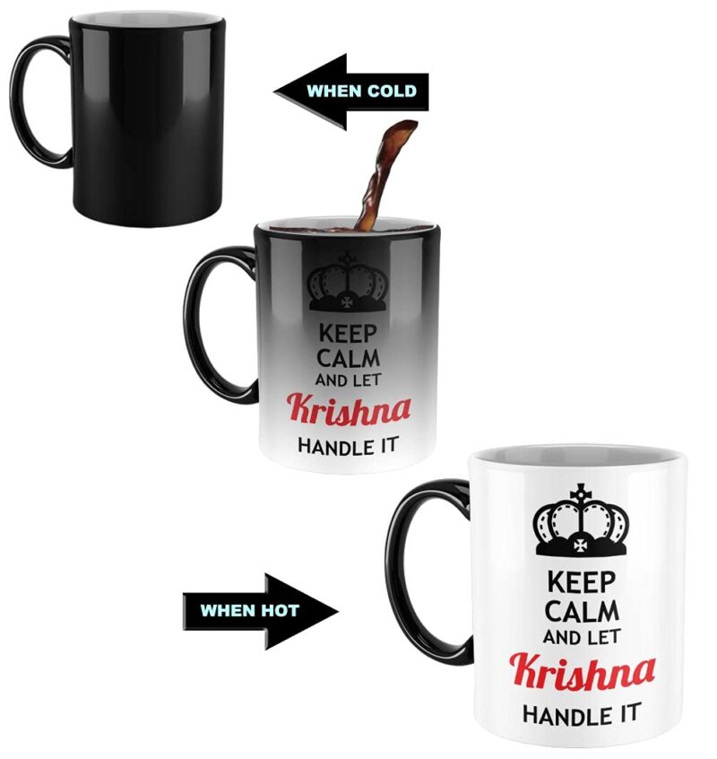 FurnishFantasy Keep Calm and Let Krishna Handle It Ceramic Coffee Mug - Best Birthday Gift for Son, Daughter, Brother, Sister, Gift for Friends - Color - Magic Mug, Name - Krishna