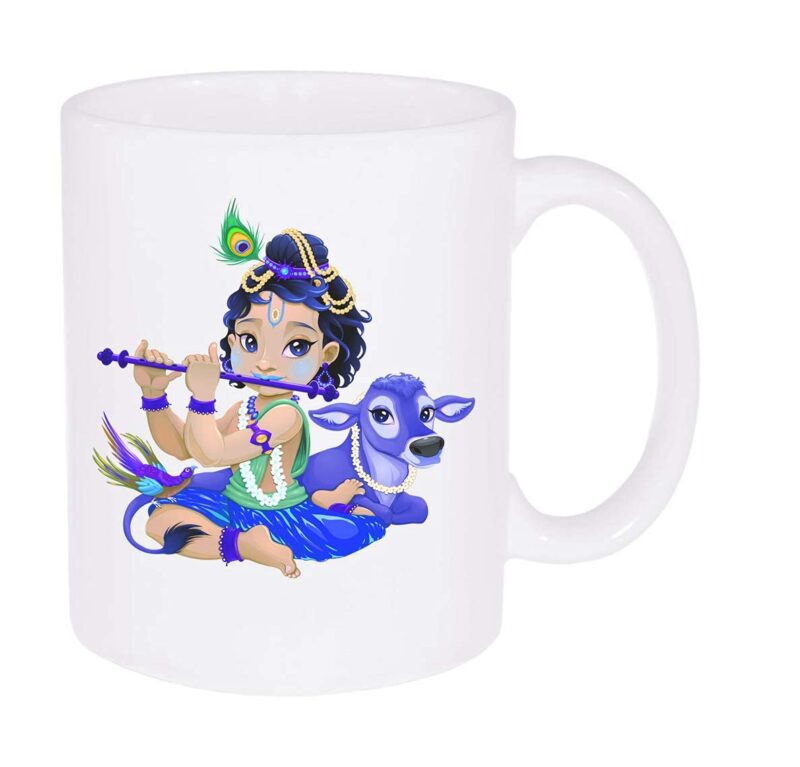 NRSON® Printed Ceramic Coffee Mug for Lord Krishna Printed Lover (White, 330 ml)