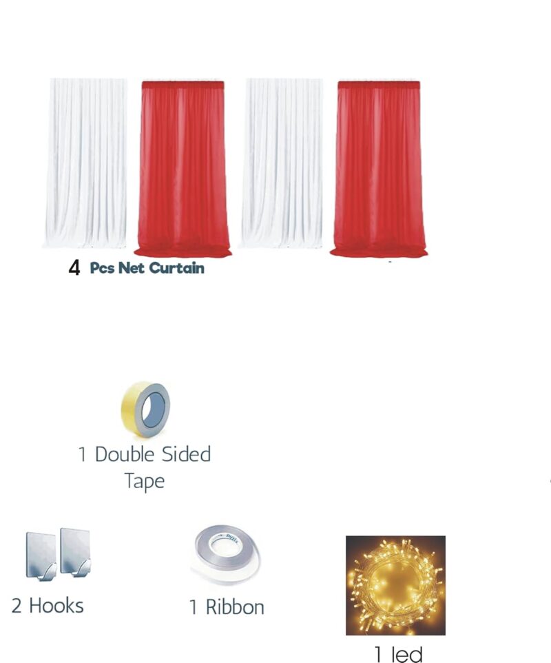 Lazybeee 9pcs Elegant White & Red Sheer Backdrop Net Cloth LED Lights for a Festive Home Decor Ganpati Pandal Decoration Kit Backdrop for Pooja Decoration Janmashtami Varalakshmi Diwali Decor