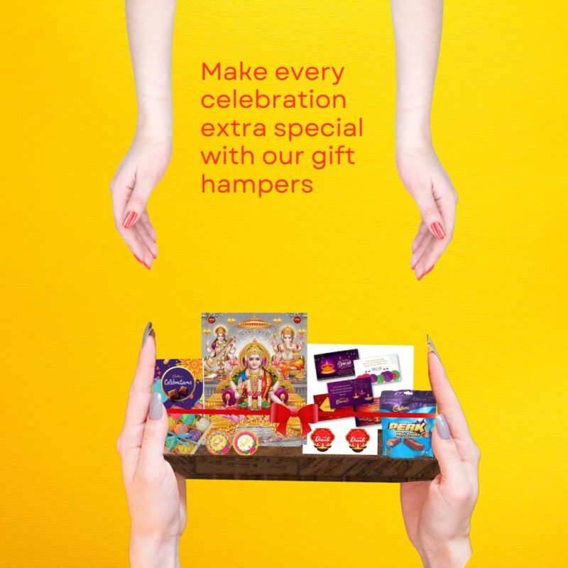 MyFruit Gift Hamper I Cadbury Dairy Milk Celebrations, Cadbury Perk Mini Treats, Pooja Images, Diwali Tags & Stickers, 12 floating Wax Candles & Greeting Card I Perfect Festive Gift Hamper