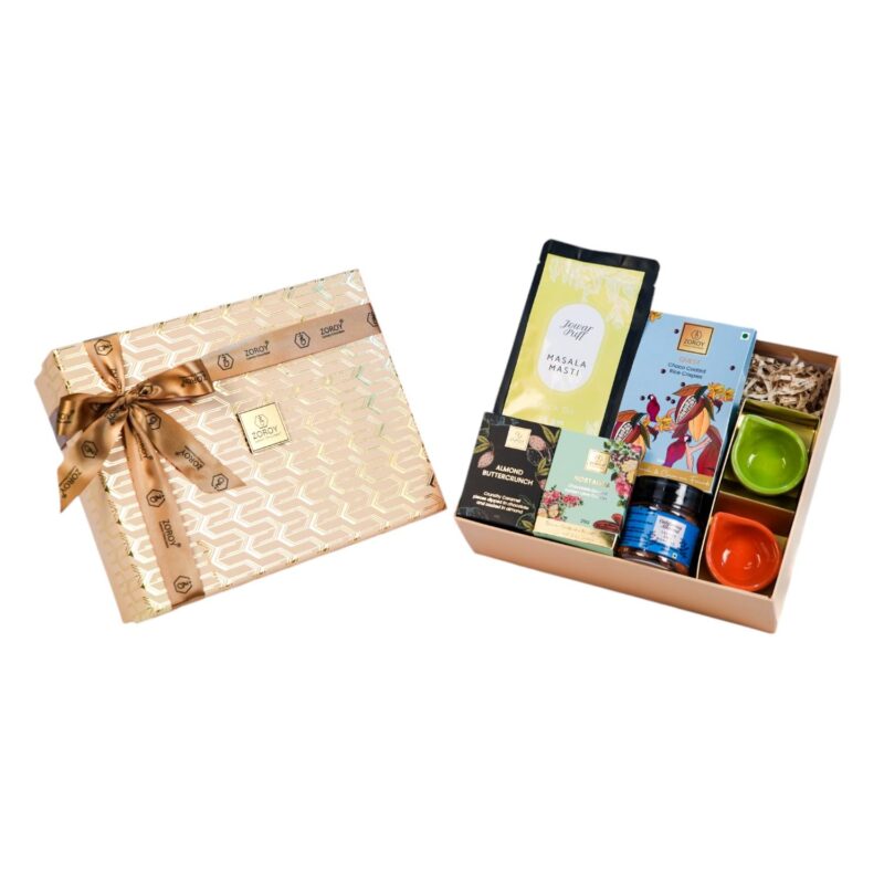 ZOROY Luxury Chocolate Contemporary Hamper Large – Stylish Box pack contains Choco Coated Crispies, Snack pack 1 No, Salted Roasted Almonds, Buttercrunch, Cookies and Set of 2 Diyas – Ideal Gift Set for Festive Corporate Diwali Gifting