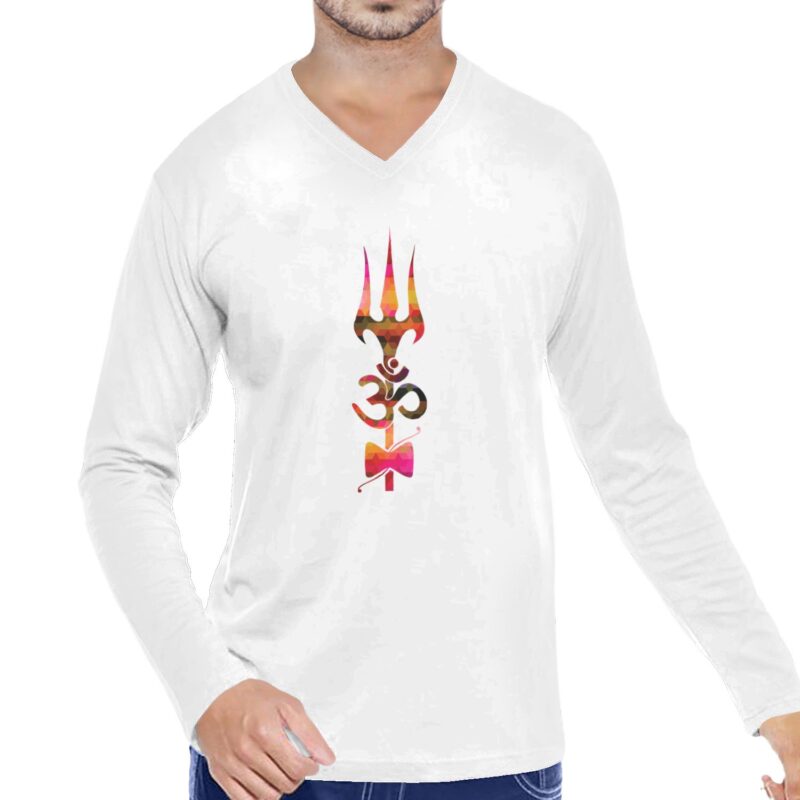 Pooplu Men's Regular Fit Trishul Cotton Printed V Neck Full Sleeves Pootlu Multicolour Tshirt. Hindu God. (Oplu_White_XS)