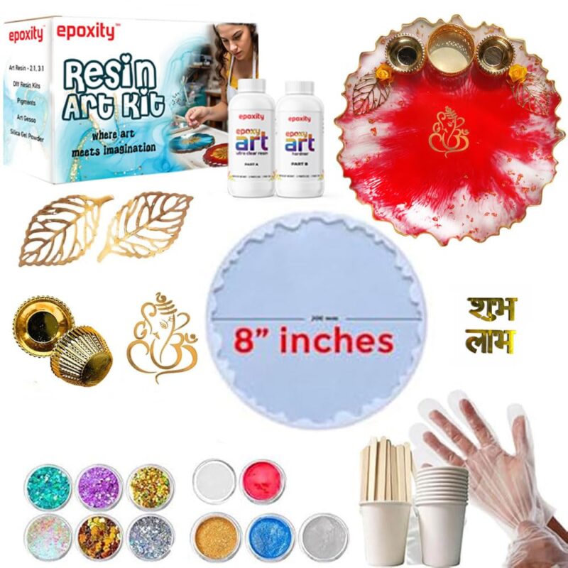 Epoxity Resin Art Kit Pooja Thali DIY Kit Includes 300G 2:1 Epoxy Resin, 8" Puja Thali Agate Mould with Glitter, Pigments