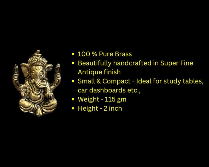 Laya 100% Pure Brass Ganesha Idol | Small Sitting Ganesha Idol for Home Decor, Pooja, Gifting & Car Dashboard | Brass Ganesha Statue