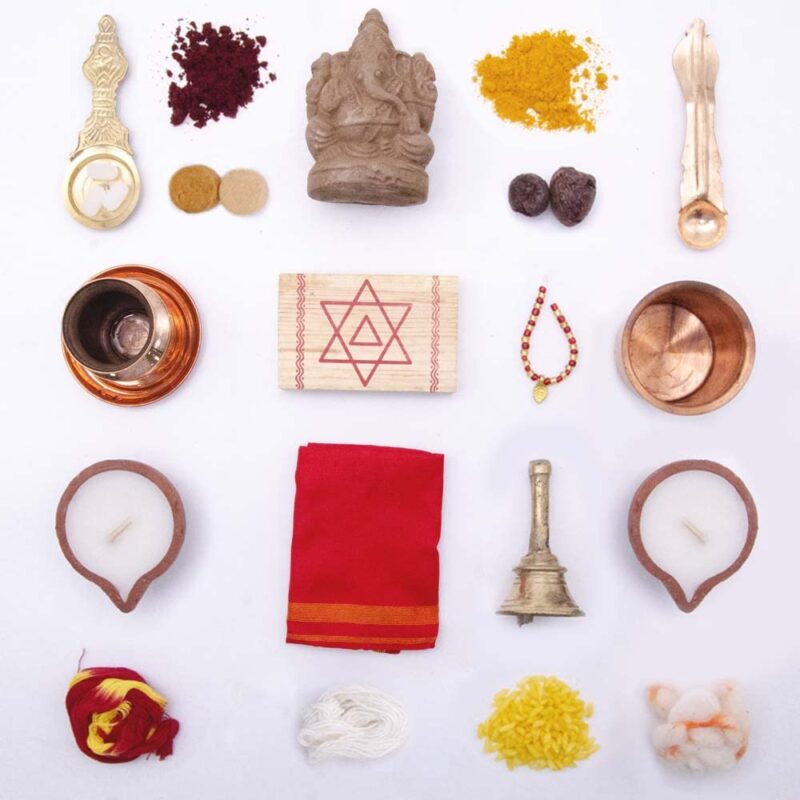 Cycle Pure Ganesh Chaturthi Pooja Kit with Puja Samagri | Contains: Eco Friendly Ganesha Idol, Sambrani Cup, Agarbatti, Camphor, Kumkum, Chandan Tablets, Vastra, Peeta Chowki, Puja Bell, Diya, Kalasha