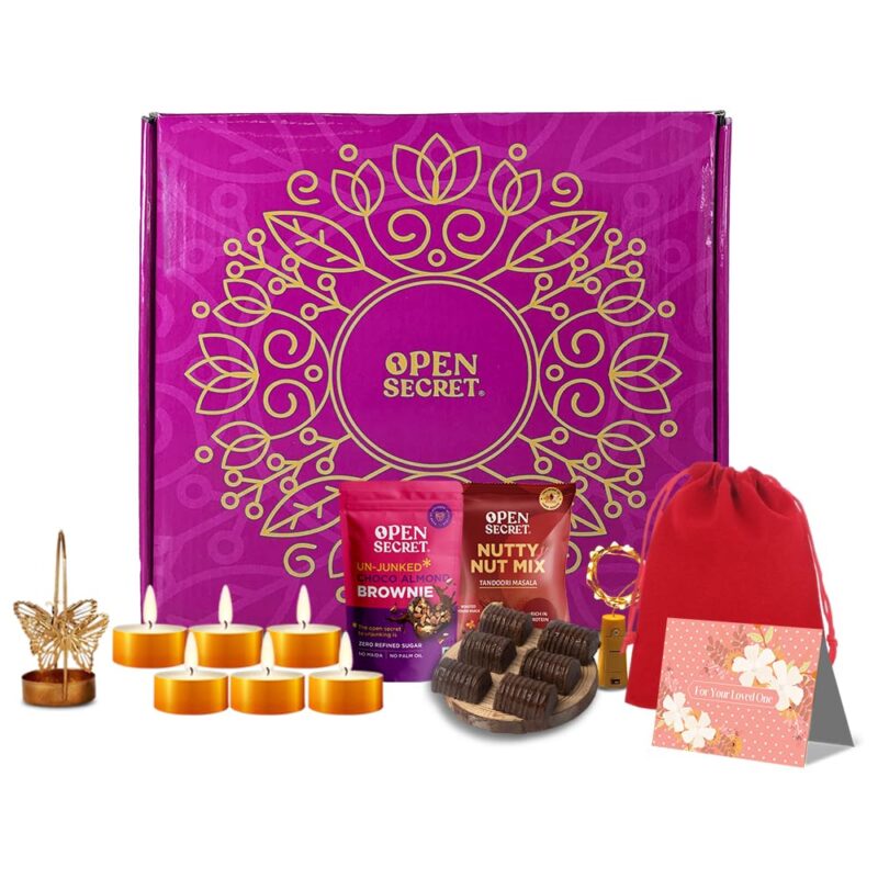 Open Secret Chocolate Gift Box | Gift Box with Greeting Card, Scented Candles, Chocolate Gift Box, Brownie, Butterfly Stand, Festive Light, Tandoori Flavored Nuts | Gifts Hamper for Girlfriend, Boyfriend, & Love | Gift for Him/Her