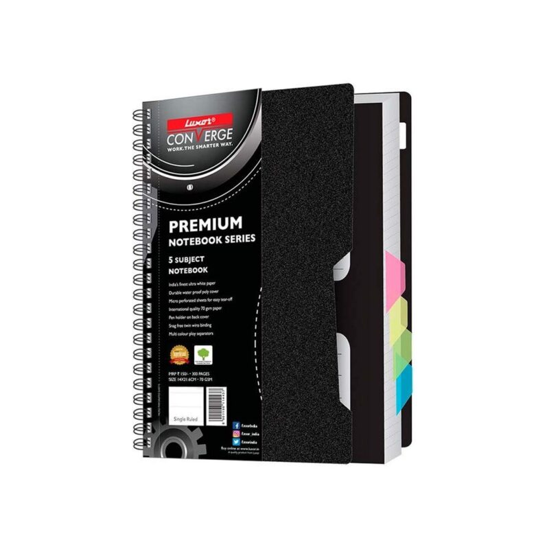 Luxor 5 Subject Notebook | 70 gsm Paper | Single Ruled | Pages - 300 | Count - 1 | 14 x 21.6 CM | Spiral Binding | Versatile for School, Home & Office | Pro & Student-Friendly