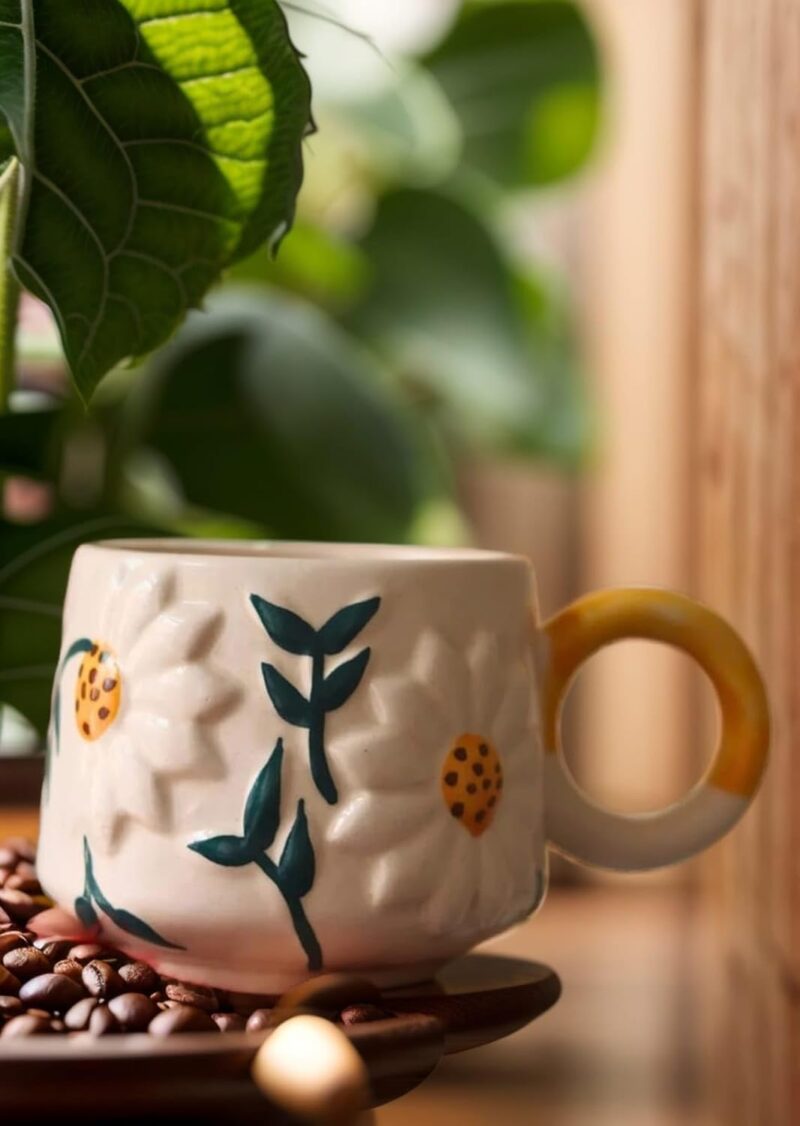 The White Space Living Handcrafted Cute Ceramic Mug for Coffee/Tea/Milk/Green Tea/Cold Coffee | Microwave and Dishwasher Safe | Perfect GFT to Family/Friend (Daisy Mug)