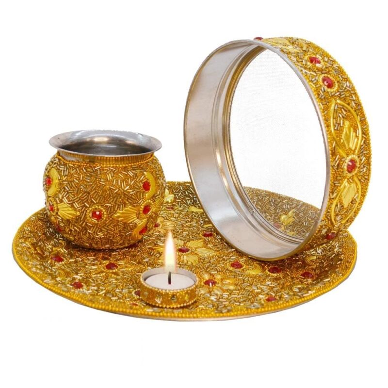 R G R Decorative Golden Stainless Steel KarwaChauth Pooja Thali Set Combo with 11 Pooja Samagri Kit -Karva Chauth Pooja Puja Thali-Traditional Karvachauth Gift for Wife Sister Mother Women