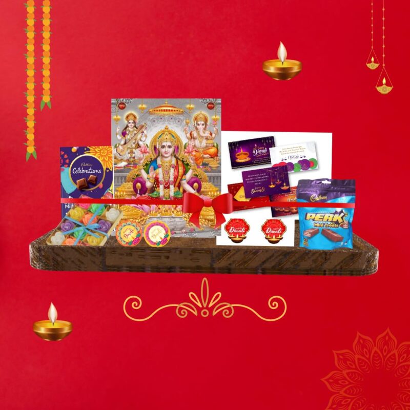 MyFruit Gift Hamper I Cadbury Dairy Milk Celebrations, Cadbury Perk Mini Treats, Pooja Images, Diwali Tags & Stickers, 12 floating Wax Candles & Greeting Card I Perfect Festive Gift Hamper