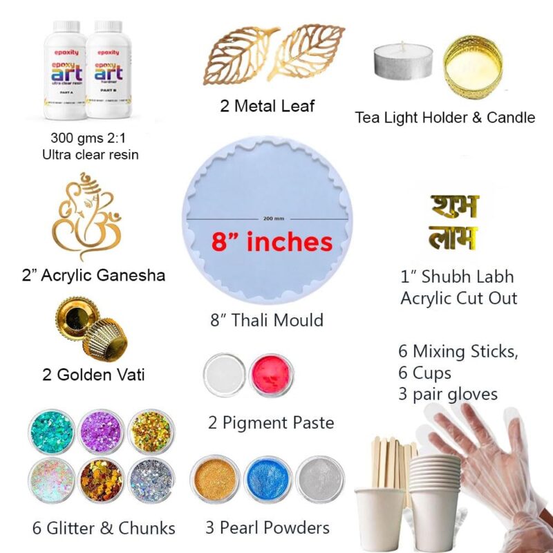 Epoxity Resin Art Kit Pooja Thali DIY Kit Includes 300G 2:1 Epoxy Resin, 8" Puja Thali Agate Mould with Glitter, Pigments