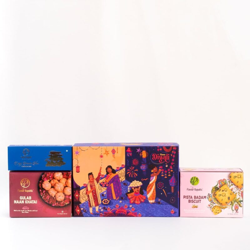 The Flavour Republic Festive Treat Hamper | Premium Diwali Gift Hamper | Bhai Dooj Hamper | Assortment of Pista Badam Biscuits, Gulab Naan Khatai, and Crispy Brownie Thins Chocochip | Ideal for Family, Friends, and Corporate Gifting