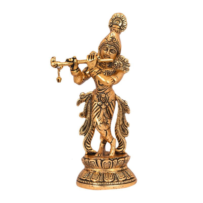 Collectible India Lord Krishna Idol Statue Krishna Idols Gold Plated Flute Playing Krishan Decorative Showpiece Figurine for Pooja Room & Gift (Set of 1)