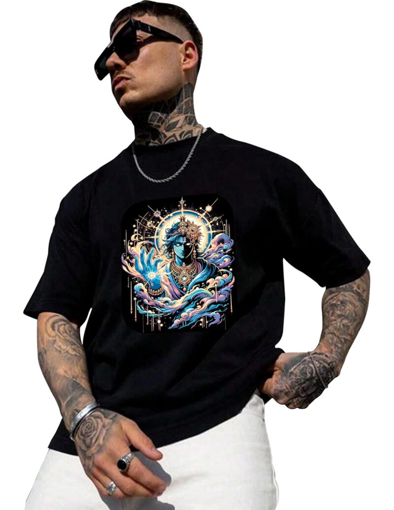 LOCAVESTIR Hindu God Graphic Printed Oversized Round Neck Drop Shoulder Casual Tshirt for Men