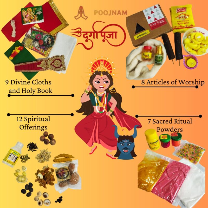 Poojnam Durga Puja Samagri Kit : Complete Set of 28 Essentials for Durga MATA Decoration and Worship During Navratri Festival | Navratri Special | MATA Rani Pooja (Set of 36)