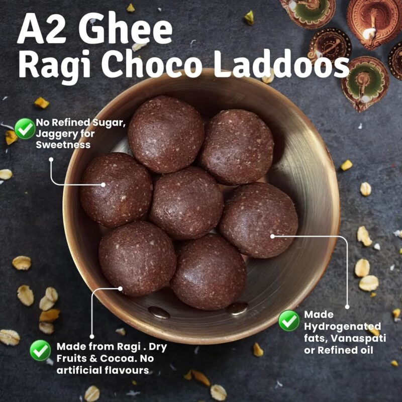 Early Foods - Mithai Masti Diwali Gift Hamper | Festive Diwali Laddoo Gift Box - 3 Pack - Contains A2 Ghee Ragi Chocolate Laddoos & Dry Fruit Choco Chip Laddoos, 250g each & Deepavali Greeting Card | Diwali Sweets Hamper