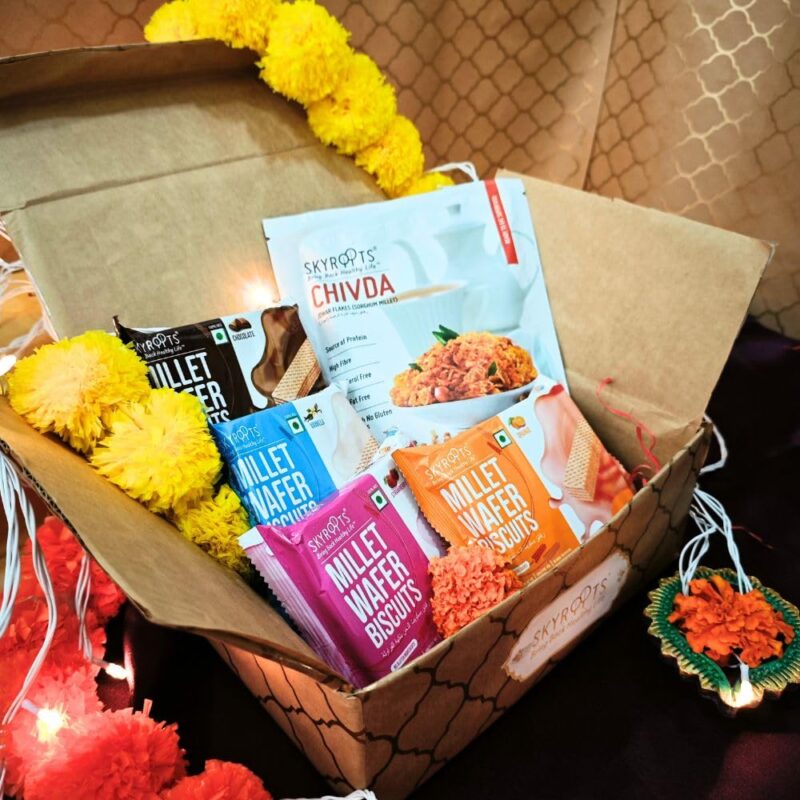 Skyroots Diwali Gift Hamper – 3-Item Festive Set | Assorted Cereal Protein Bars (Orange, Chocolate, Cranberry), Millet Puffs, Millet Bars (Almond, Walnut, Cranberry) & Diya | Ideal Diwali Gift for Friends & Employees (Gift 4)