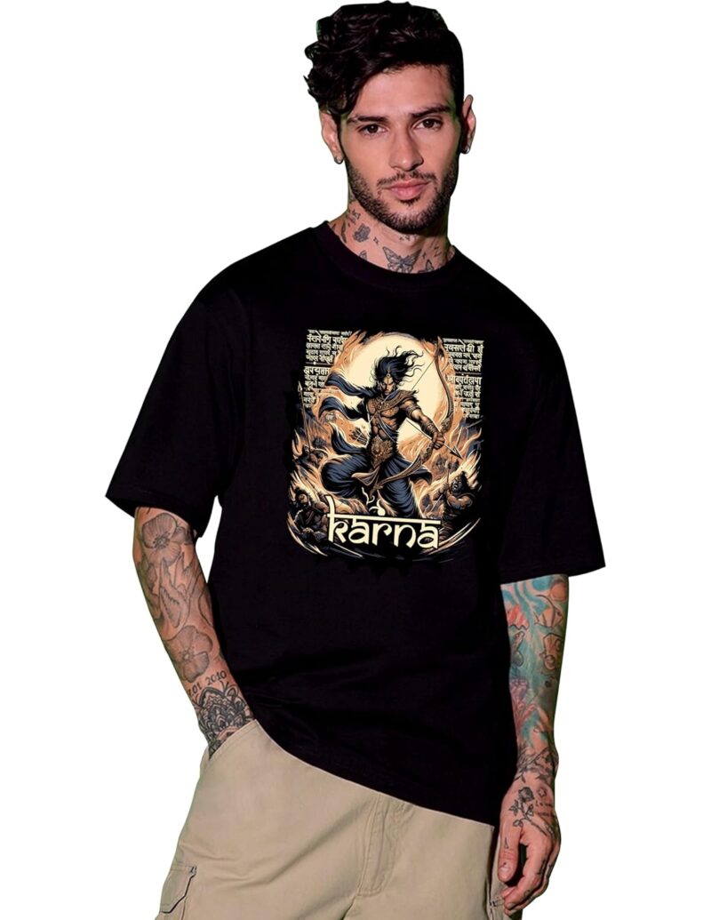 MIGLOCUST Hindu God Graphic Printed Oversized Round Neck Drop Shoulder Casual Tshirt for Men