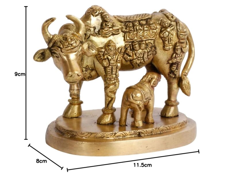 ARTVARKO Cow and Calf Statue Brass Kamdhenu Vastu Devta Carving on Gau MATA Idol, Spiritual Vastu Nandi Pooja Figurine Sculpture, for Home and Office(11x7x9 cm)