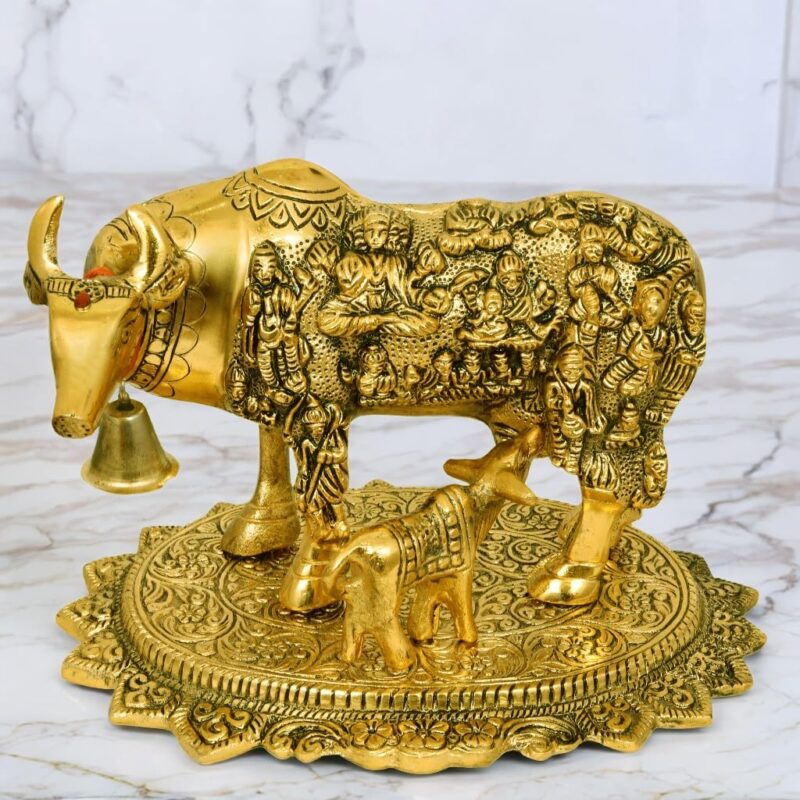 Nexplora Industries Pvt. Ltd. Metal Large Gold Elegant Kamdhenu Cow and Calf Idol Showpiece Statue, Length 24 cm, Gold Antique Finish