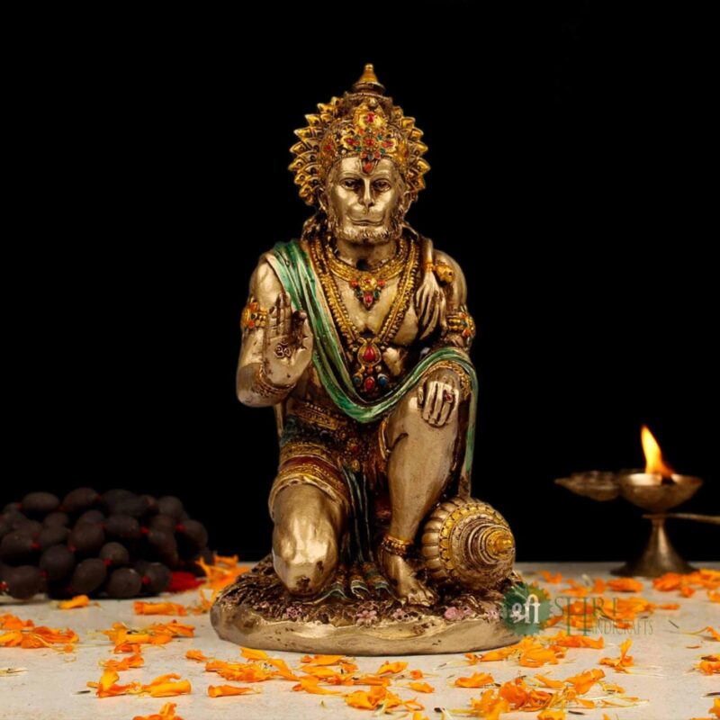 INDICAST 7" Hanuman Statue Sitting Metal Finish Idol Decorative Showpiece Handcrafted Hanuman Ji Murti For Home Office And Gifting Purpose Sculpture, Golden, Pack of 1