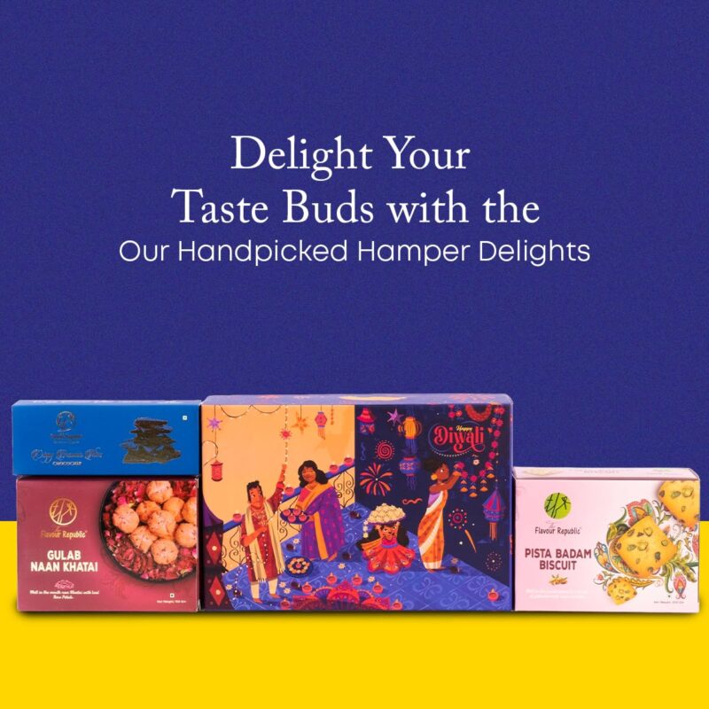 The Flavour Republic Festive Treat Hamper | Premium Diwali Gift Hamper | Bhai Dooj Hamper | Assortment of Pista Badam Biscuits, Gulab Naan Khatai, and Crispy Brownie Thins Chocochip | Ideal for Family, Friends, and Corporate Gifting