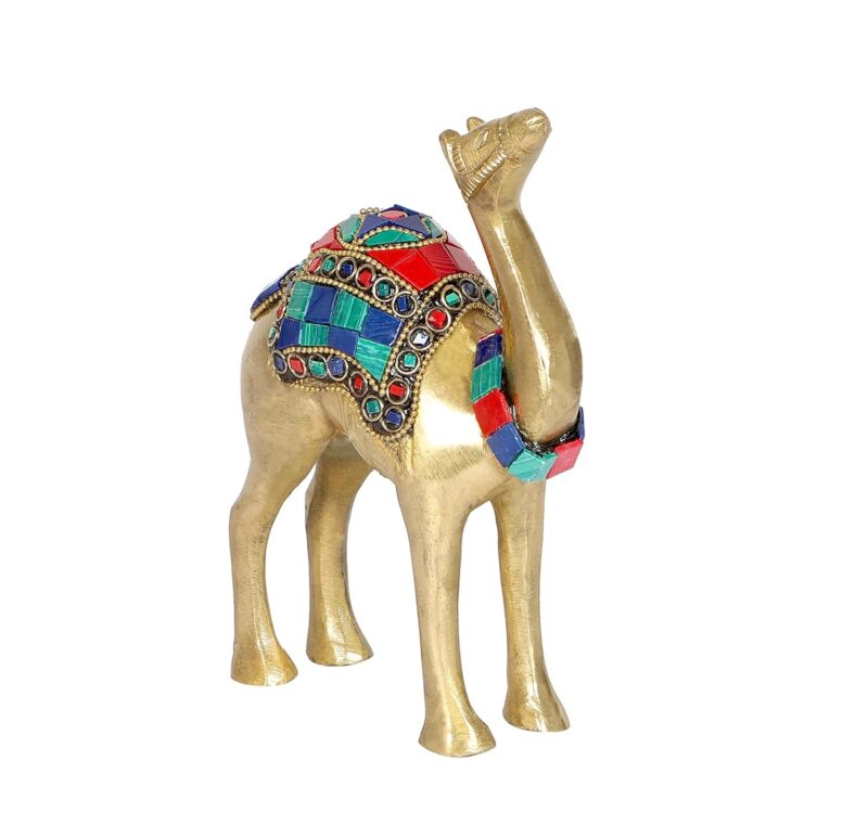 Two Moustaches Gemstone Work 6 Inches Brass Camel Showpiece, Camel Statue for Vastu, Showpiece for Home Decor, Standard, Pack of 1