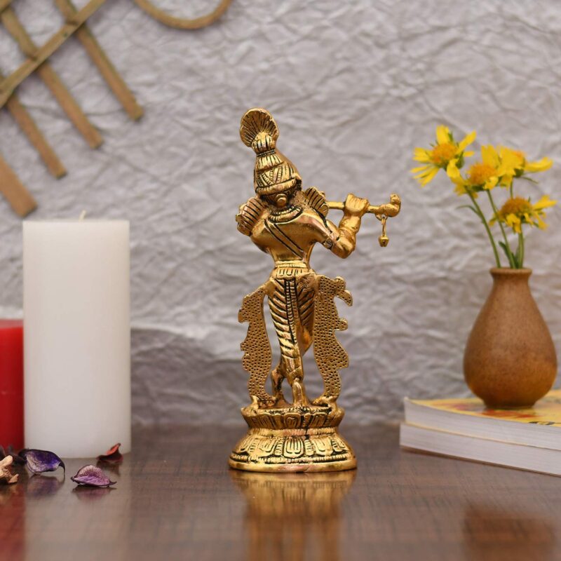 Collectible India Lord Krishna Idol Statue Krishna Idols Gold Plated Flute Playing Krishan Decorative Showpiece Figurine for Pooja Room & Gift (Set of 1)