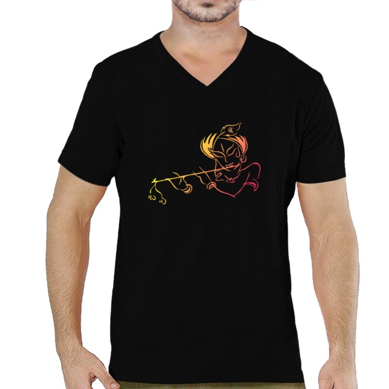 Pooplu Men's Regular Fit Lord Krishna Cotton Printed V Neck Half Sleeves Pootlu Multicolour Tshirt. Hindu God, Krishna, Kanha, Murlidhar, Symbol Tshirt