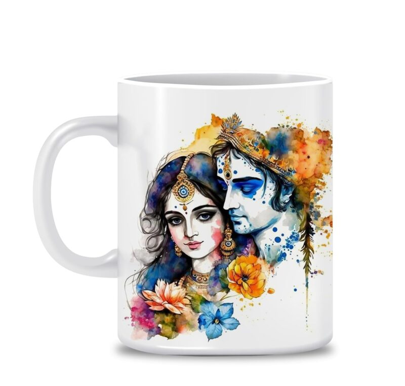 Radha Krishna Ceramic Coffee Mug, Floral Design, 350 ml