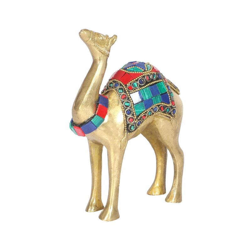 Two Moustaches Gemstone Work 6 Inches Brass Camel Showpiece, Camel Statue for Vastu, Showpiece for Home Decor, Standard, Pack of 1