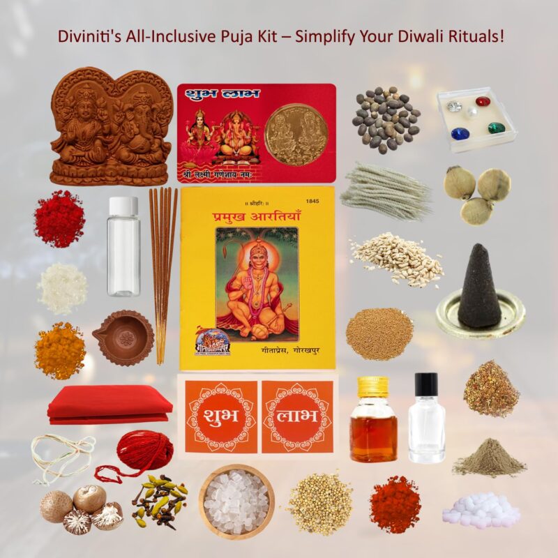 Diviniti Diwali Pujan Samagri Kit for Home and Office Deepawali|Diwali Puja Kit with Handcrafted Lakshmi Ganesha Idol, 24K Gold Plated Coin and Other Important Items for Puja Room & Diwali Gift