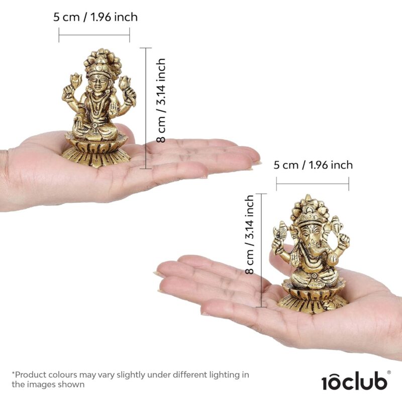 10Club 100% Pure Brass Kamal Ganesh & Lakshmi Idol Combo | Lord Ganesh, Goddess Lakshmi Sitting on Lotus | 8cm Height | Idol for Pooja Room, Home Decor | Antique Brass | 2 pc