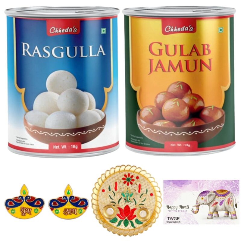 Chheda - Diwali Gift Hamper - Sweet Combo - Rasgulla 1 Kg & Gulab Jamun 1 Kg - Shubh Labh & Decorative Thali - Perfect Festive Gift for Diwali, Bhaidooj, Housewarming & Special Occasions