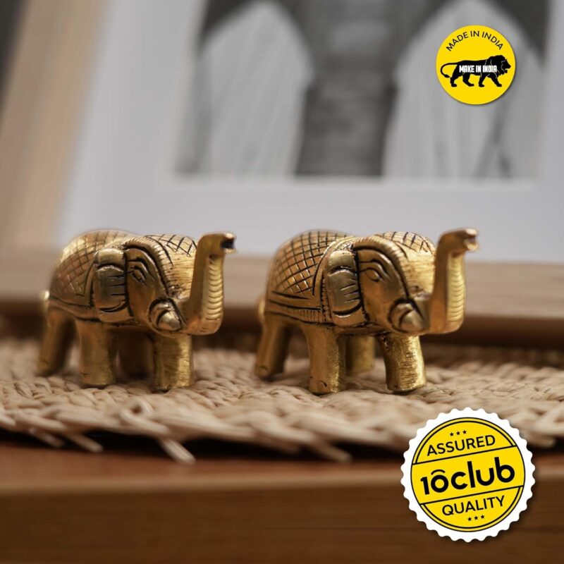 10Club Elephant Idols - 2 Piece (5L X 3H cm,400 Grams) - 100% Pure Brass | Pair of Elephant Idols for Desk, Car, and Home Decor | Yellow Antique Finish - Ideal for Gifting