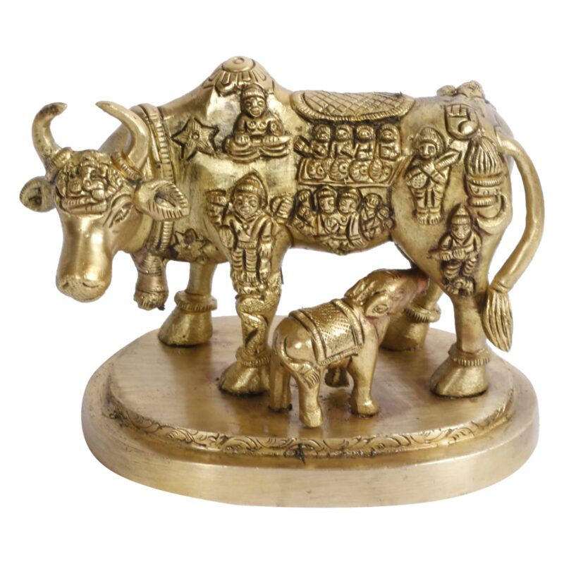 ARTVARKO Cow and Calf Statue Brass Kamdhenu Vastu Devta Carving on Gau MATA Idol, Spiritual Vastu Nandi Pooja Figurine Sculpture, for Home and Office(11x7x9 cm)