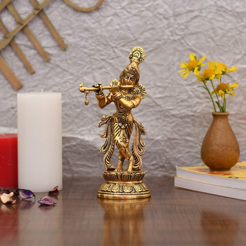 Collectible India Lord Krishna Idol Statue Krishna Idols Gold Plated Flute Playing Krishan Decorative Showpiece Figurine for Pooja Room & Gift (Set of 1)