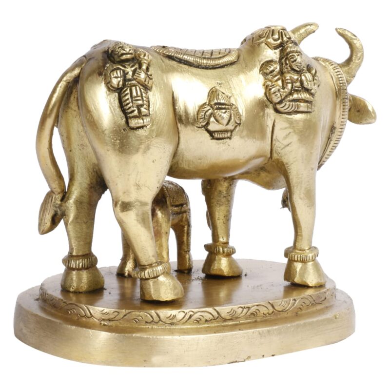 ARTVARKO Cow and Calf Statue Brass Kamdhenu Vastu Devta Carving on Gau MATA Idol, Spiritual Vastu Nandi Pooja Figurine Sculpture, for Home and Office(11x7x9 cm)