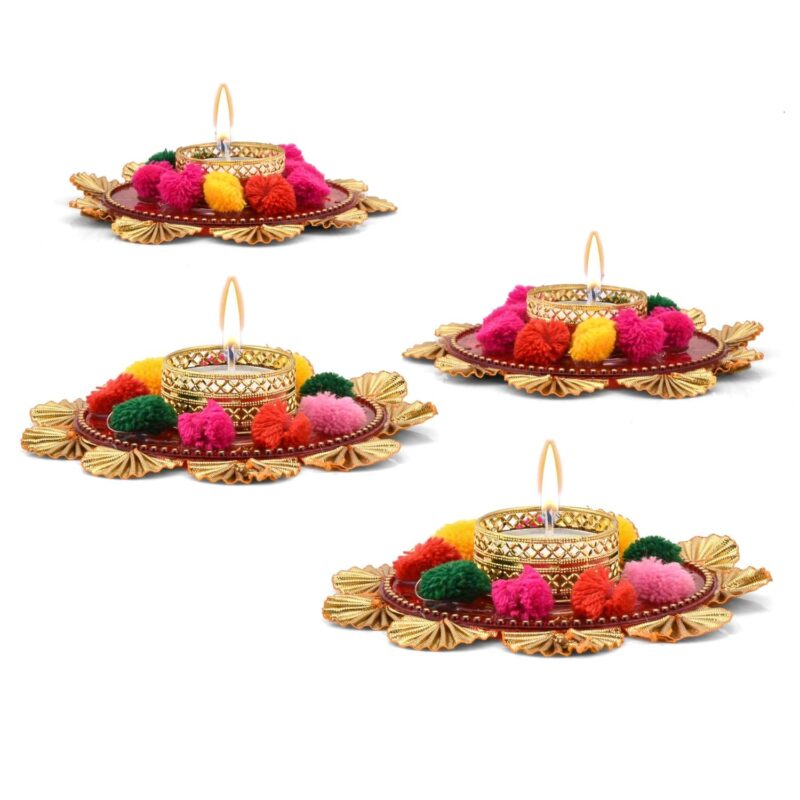 Collectible India Set of 4 Flower Design Diya Tea Light Candle Holder for Home Office Decoration Puja Articles Decor Gift TeaLight - Decorative tealight Candle Holder - Wedding Festive Decor Gift