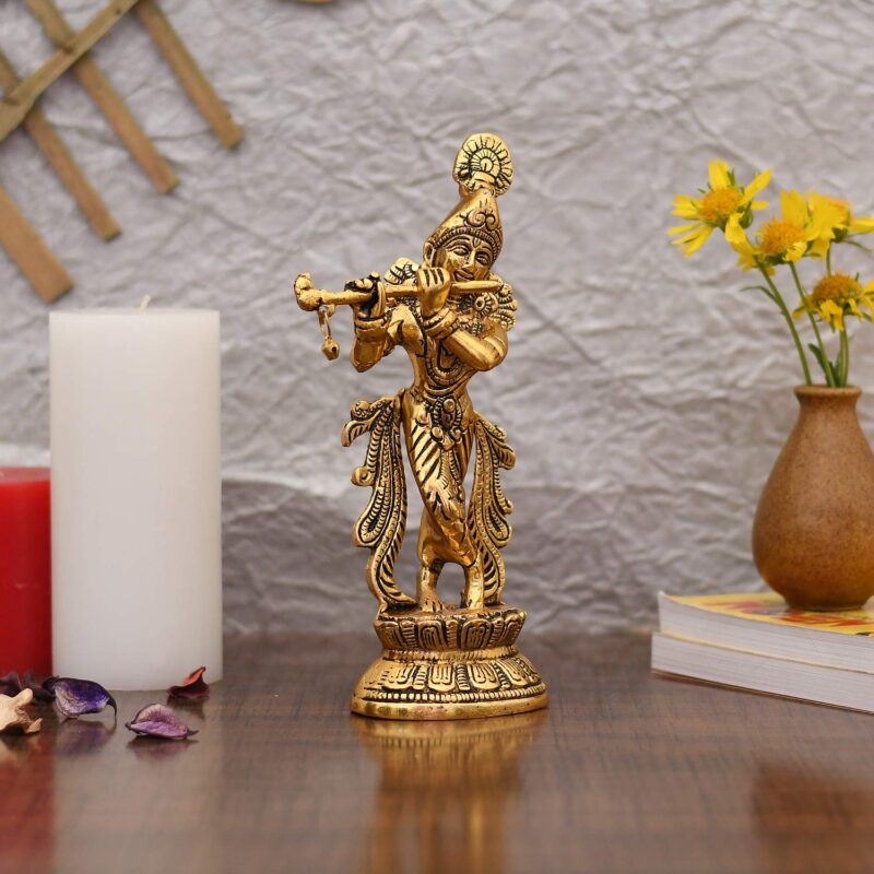 Collectible India Lord Krishna Idol Statue Krishna Idols Gold Plated Flute Playing Krishan Decorative Showpiece Figurine for Pooja Room & Gift (Set of 1)