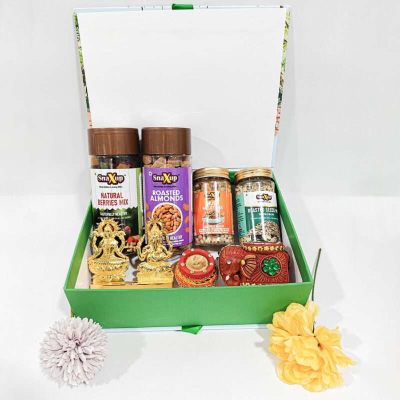 Snaxup Regal Festive Diwali Gift Hamper Box - 8 Pack -Brass Laxmi & Ganesh 1, Elephant Diya 1, Matki Diya 1, Natural Berries Mix, Roasted Almond, Roasted Multimillet Mixture, Roasted Seeds Mix & Diwali Greeting Card