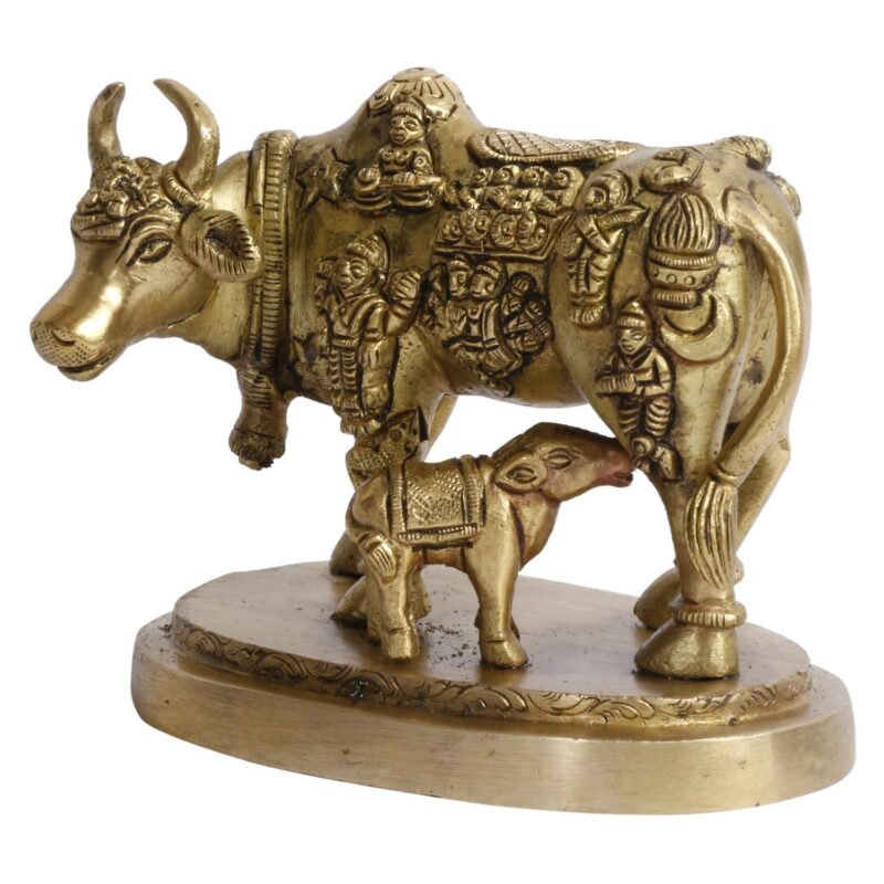 ARTVARKO Cow and Calf Statue Brass Kamdhenu Vastu Devta Carving on Gau MATA Idol, Spiritual Vastu Nandi Pooja Figurine Sculpture, for Home and Office(11x7x9 cm)