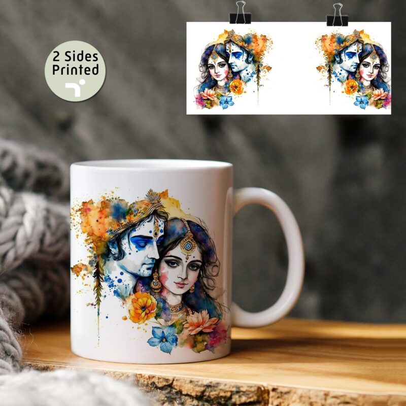 Radha Krishna Ceramic Coffee Mug, Floral Design, 350 ml