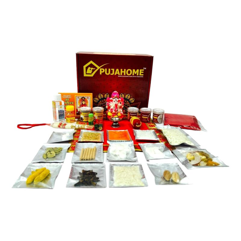 Pujahome Ganesh Puja Samagri Kit for Ganesh Pujan/Ganpati Pooja Kit/Ganesh Chaturthi Puja/Ganesh Pooja with Mitti(Painted Clay) Ganesh Murti(32 Items)