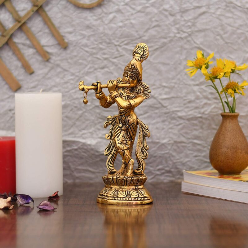 Collectible India Lord Krishna Idol Statue Krishna Idols Gold Plated Flute Playing Krishan Decorative Showpiece Figurine for Pooja Room & Gift (Set of 1)