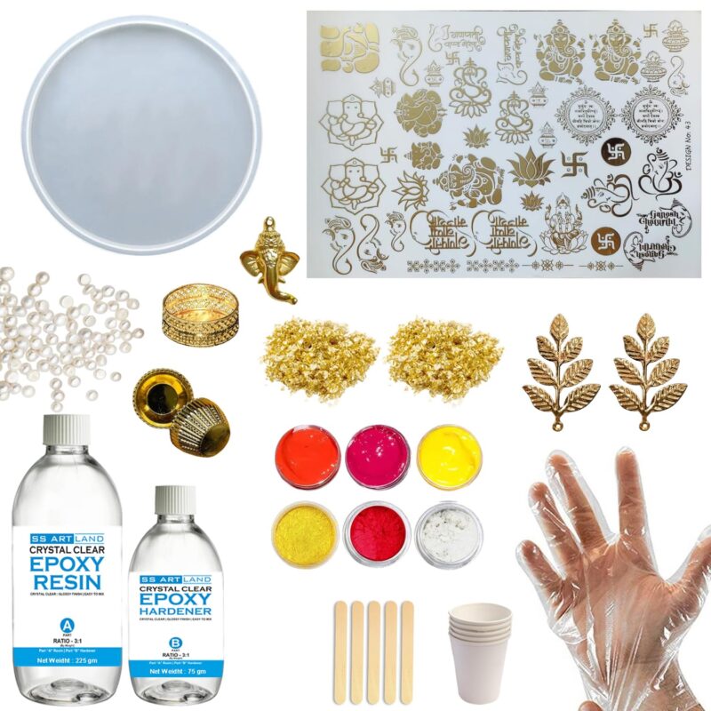 SS Art Land DIY Resin Art Pooja Thaali Making Kit with 200 Grams Crystal-Clear Epoxy Resin, 6" Round Thali Silicone Mould, Sticker, Pigments, Mica, Combi Glitter & More for Beginners & Professional