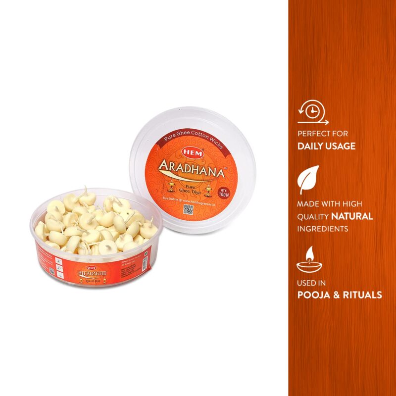 HEM Aradhna Pure Ghee Diya with Batti Pack of 100 Diyas | Pooja Room Items for Home | Wax Free | Ghee Wicks for Prayers, Rituals & Special Occasions | 30 mins Burning Time