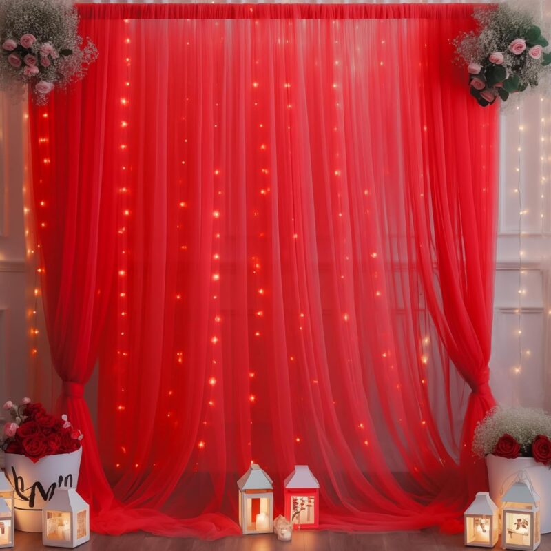 Lazybeee 9pcs Elegant White & Red Sheer Backdrop Net Cloth LED Lights for a Festive Home Decor Ganpati Pandal Decoration Kit Backdrop for Pooja Decoration Janmashtami Varalakshmi Diwali Decor