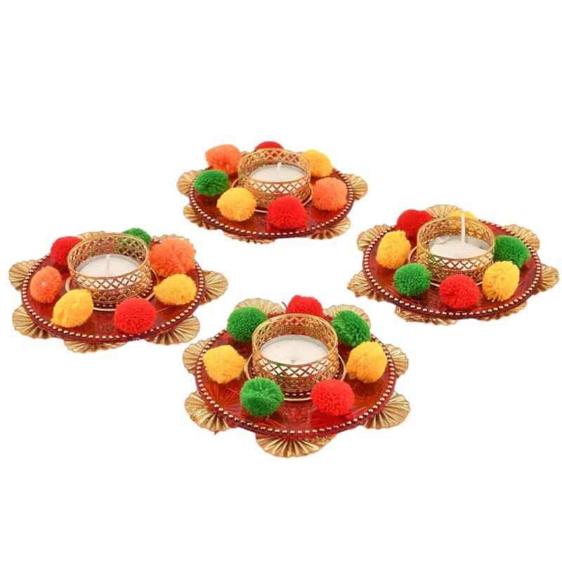 Collectible India Set of 4 Flower Design Diya Tea Light Candle Holder for Home Office Decoration Puja Articles Decor Gift TeaLight - Decorative tealight Candle Holder - Wedding Festive Decor Gift